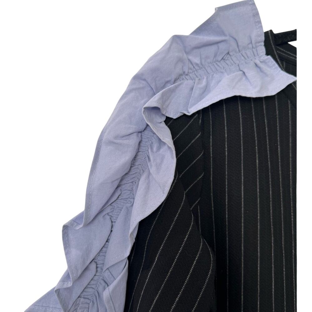 ZARA Trafaluc Pinstripe Chambray Ruffle Sleeve Dress Tunic Sz L  Preppy Academia - Picture 3 of 4